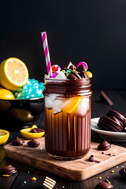 Milkshake au chocolat glacé sur fond sombre