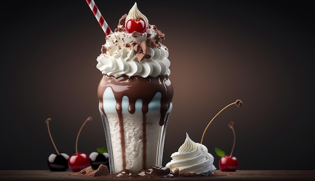 Un milkshake au chocolat avec une paille rouge et blanche et une cerise au chocolat sur le dessus.