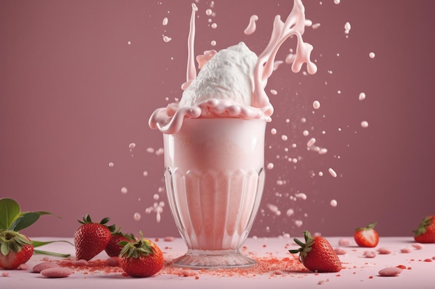 Milkshake aux fraises avec des baies fraîches sur fond rose