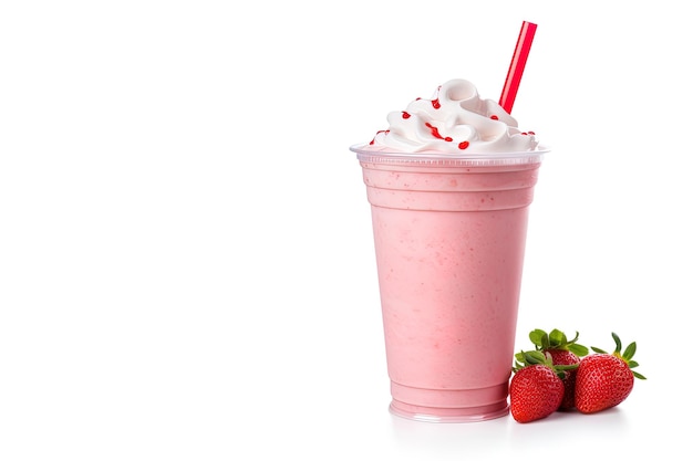 Milkshake aux fraises dans une tasse à emporter en plastique isolé sur fond blanc avec espace de copie