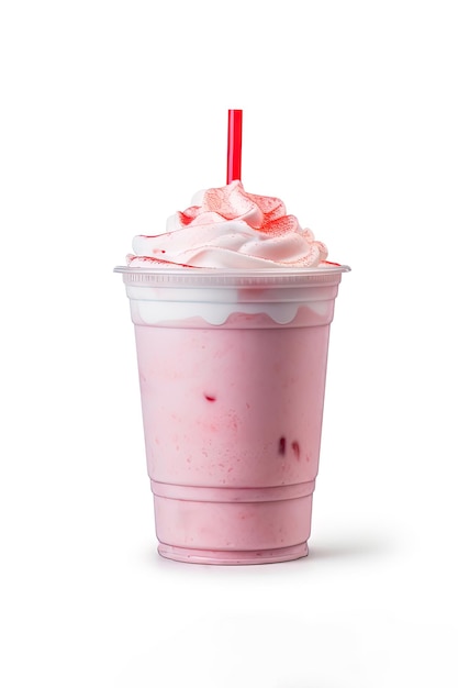 Milkshake aux fraises dans une tasse à emporter en plastique isolé sur fond blanc