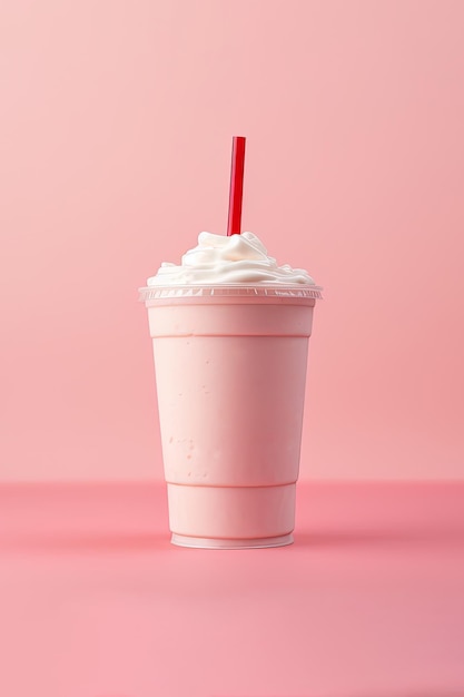 Milkshake aux fraises dans une tasse à emporter en plastique isolé sur fond rose