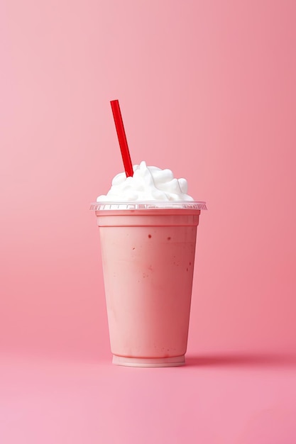 Milkshake aux fraises dans une tasse à emporter en plastique isolé sur fond rose