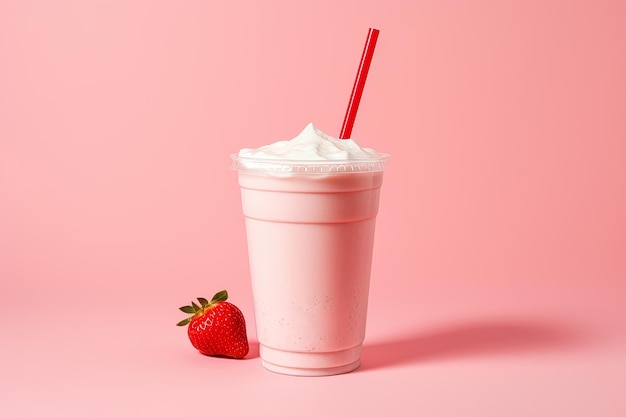 Milkshake aux fraises dans une tasse à emporter en plastique isolé sur fond rose