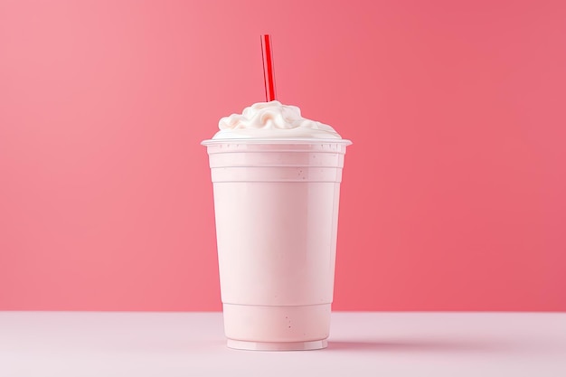 Milkshake aux fraises dans une tasse à emporter en plastique isolé sur fond rose