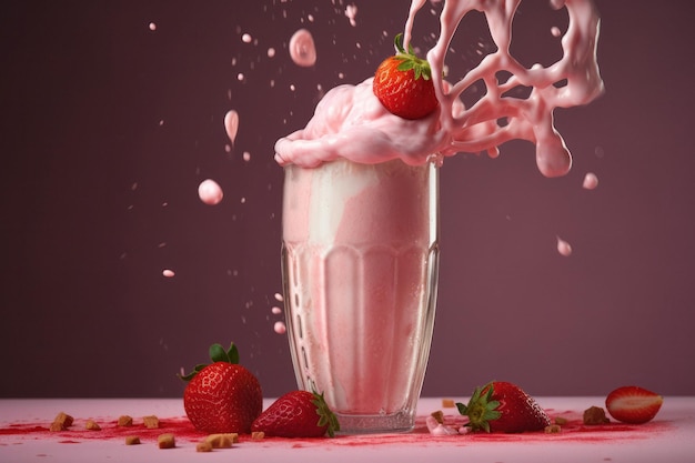 Milkshake aux fraises délicieux et indulgent avec des baies fraîches sur fond rose