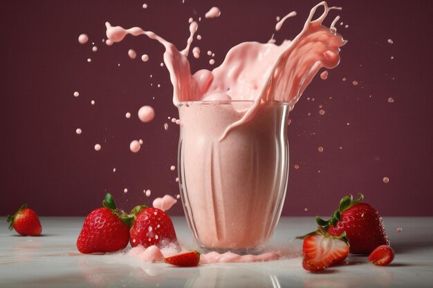 Milkshake aux fraises vibrant et rafraîchissant avec des baies fraîches sur fond rose