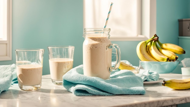 Milkshake et banane sur fond de cuisine