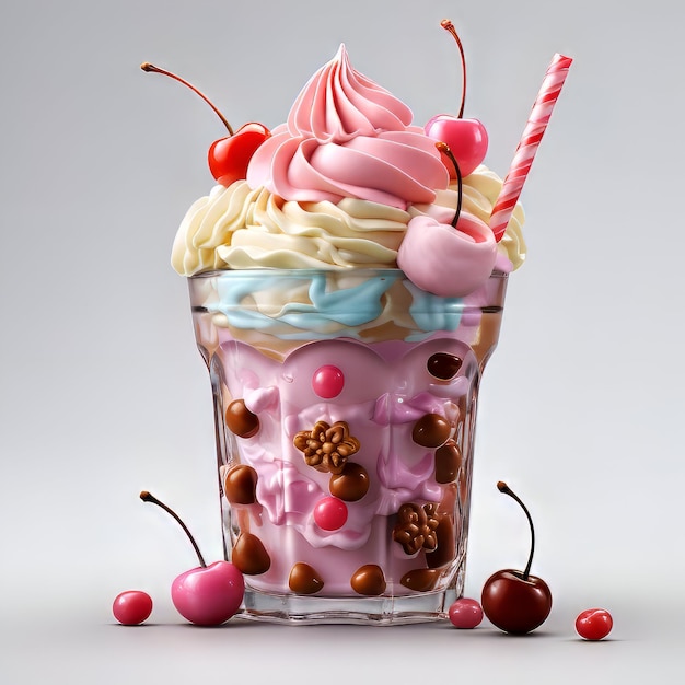 Milkshake coloré dans un verre avec de la crème fouettée et des cerises