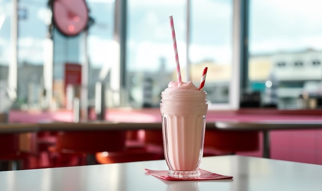 Photo milkshake créatif et romantique avec des cerises sur le dessus sur un dîner rétro et un rose pastel