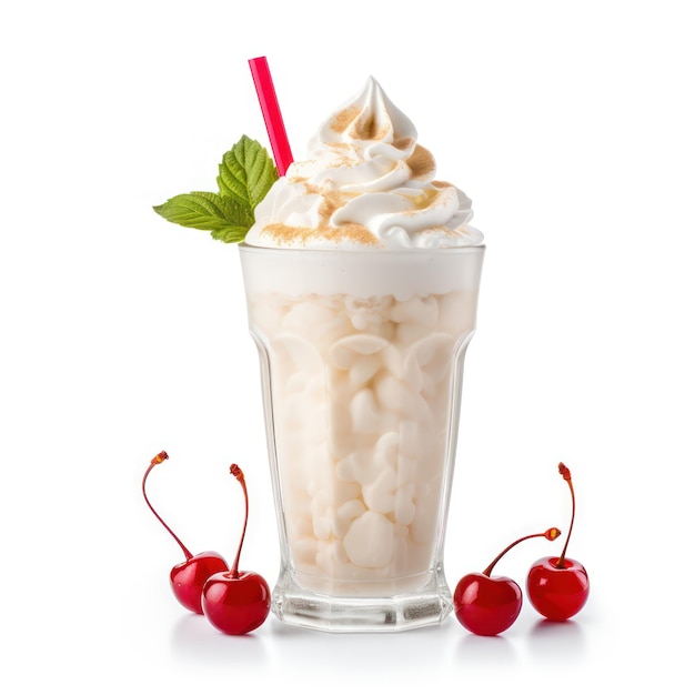 Milkshake crémeux à la vanille avec crème fouettée et cerise isolé sur fond blanc