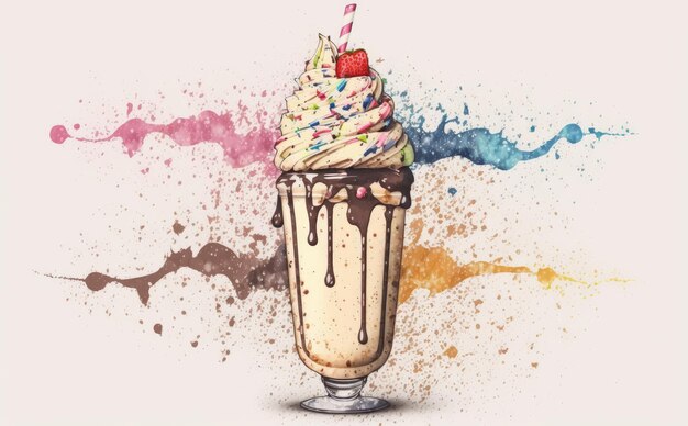 Photo un milkshake dessiné sur fond blanc aquarelle bonbons illustrations alimentaires générées par ai