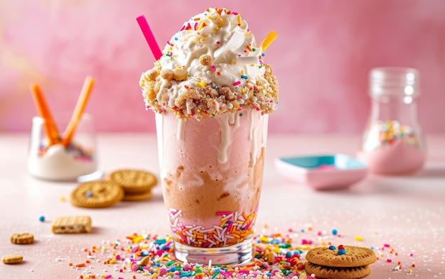 Milkshake sur le dessus avec une touche de carnaval complète avec une explosion joyeuse de bonbons et de biscuits