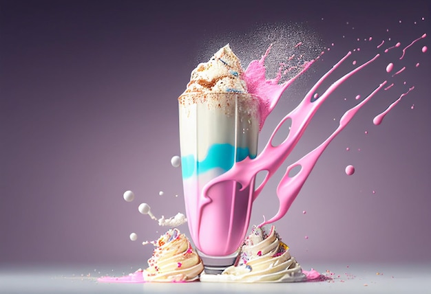 Un milkshake avec du glaçage rose et bleu qui y coule.