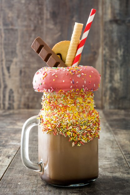 Milkshake extrême ou freak shake sur table en bois