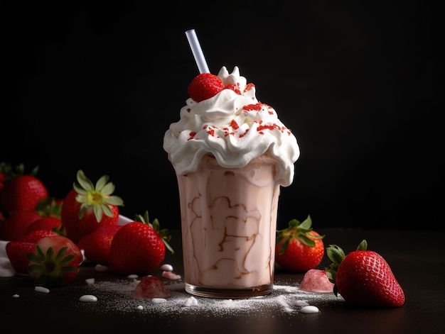 Un milkshake avec des fraises et une fraise sur le dessus