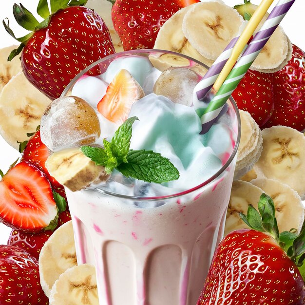 Milkshake avec des fraises, de la menthe et de la banane et de la glace