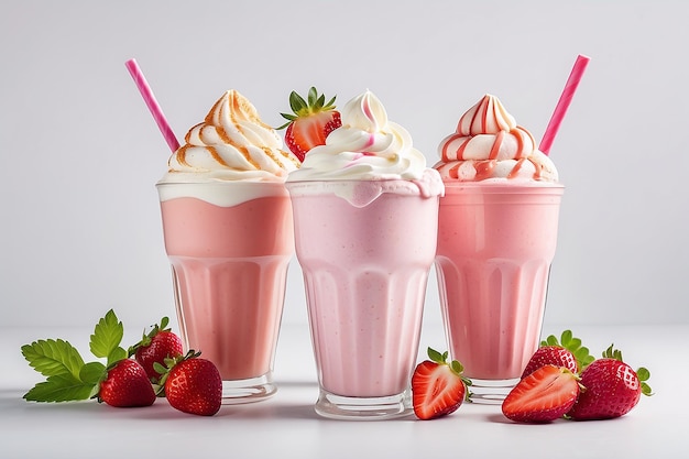 Milkshake frappuccino au latte à la fraise avec de la crème, du sorbet, du sirop, du sherbet isolé sur fond blanc