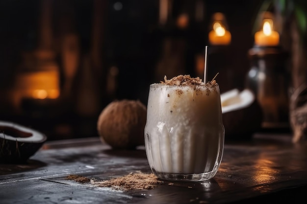 Un milkshake à la noix de coco avec une noix de coco sur le dessus