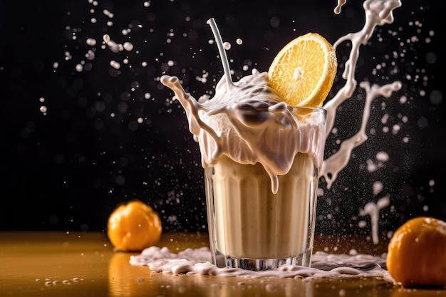 Photo milkshake avec de l'orange sur un fond sombre technologie d'ia générative
