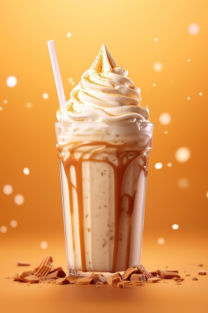 Milkshake à la vanille avec de la crème fouettée et de la paille