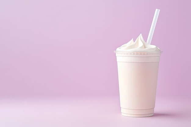 Milkshake à la vanille dans une tasse à emporter en plastique isolé sur fond pastel avec espace de copie