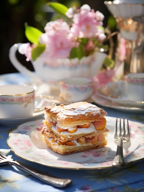 Millefeuille aux fraises et une tasse de thé sur la table