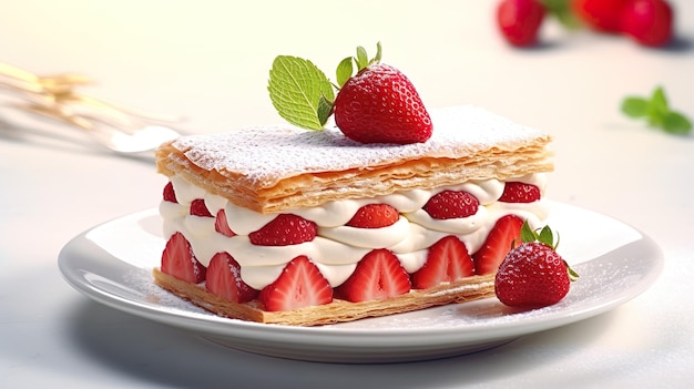 Millefeuille de dessert français traditionnel à la fraise sur fond blanc IA générative