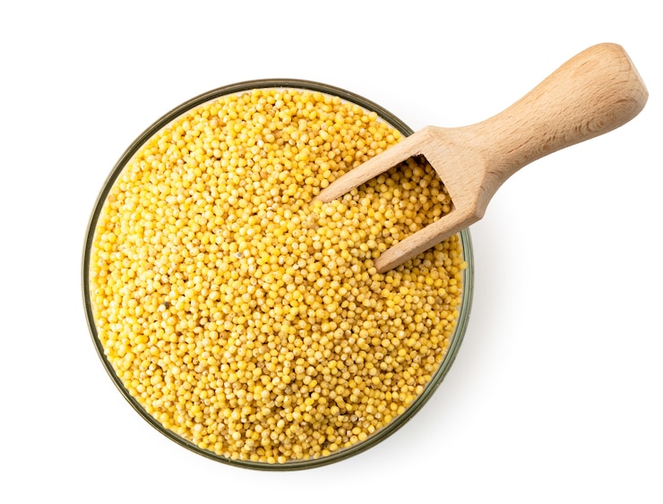 Photo millet dans une assiette avec une cuillère en bois