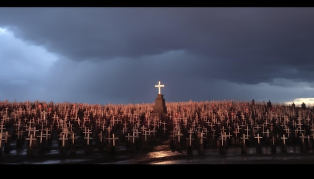 Des millions de croix sur le plus grand cimetière du monde, éclairage discret, nuages sombres, pluie