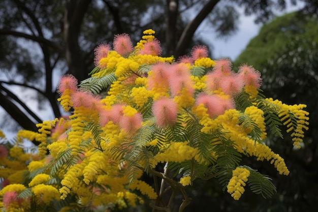 Mimosa en pleine floraison avec des fleurs jaunes et roses