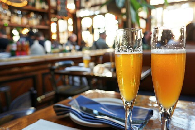 Mimosas servies dans des verres de champagne au milieu d'un brunch animé dans une station balnéaire