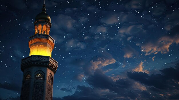 Photo un minaret brillant dans l'obscurité contre une nuit étoilée du ramadan