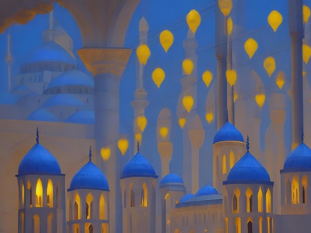Le minaret illuminé symbolise la spiritualité dans la célèbre Mosquée Bleue générée par IA