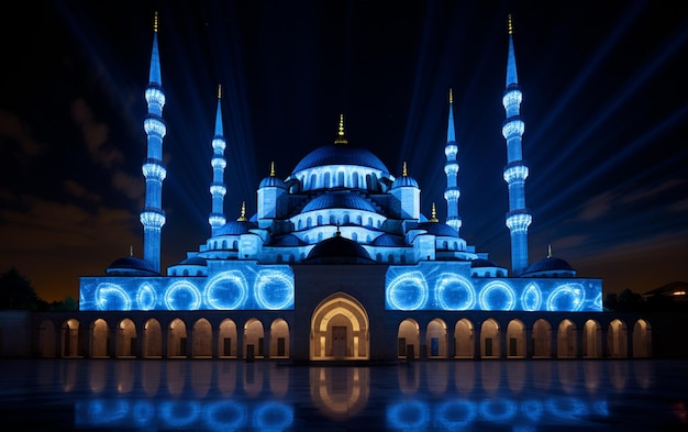 Le minaret illuminé symbolise la spiritualité dans la célèbre mosquée bleue