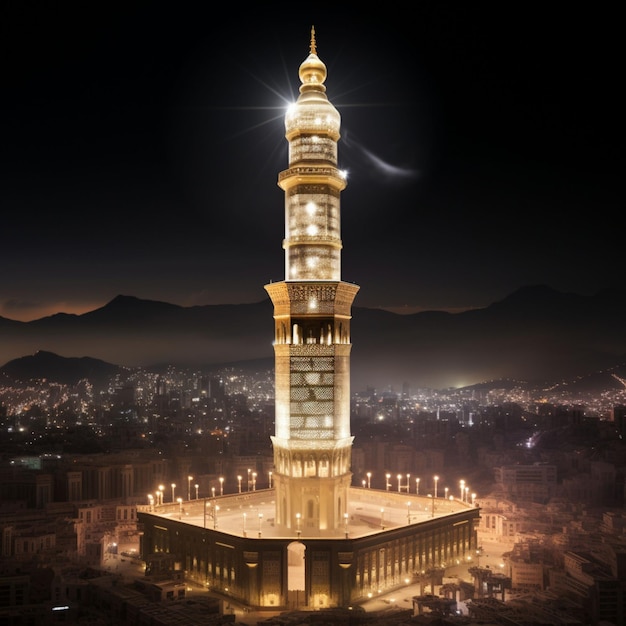 Le minaret illuminé symbolise la spiritualité de la Mecque générée par l'IA