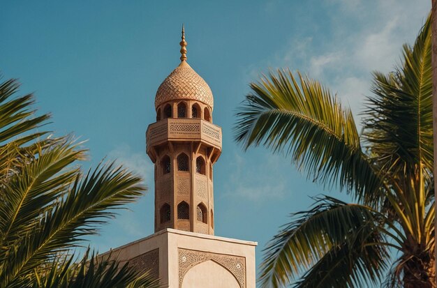 Minaret de la mosquée sur un fond de feuilles de palmier