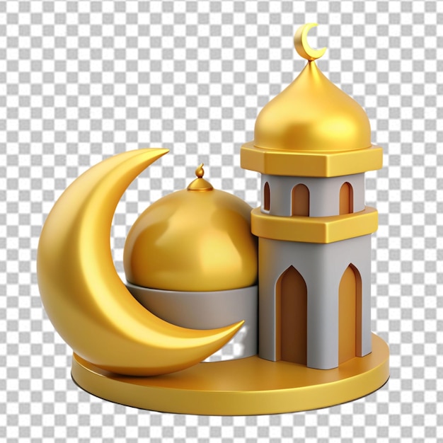 minaret unique de la mosquée et lune dorée isolée sur fond blanc