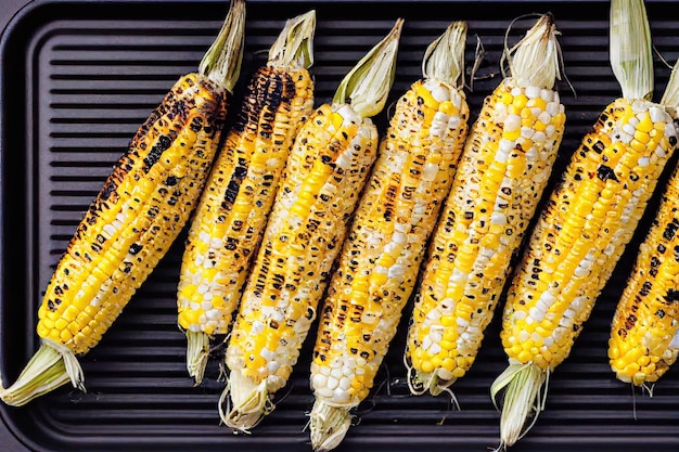 Minces épis de maïs grillés avec feuilles sèches cuites sur grille