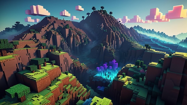 Minecraft paysage brillant arrière-plan Voxel surface de la terre couleurs aléatoires fumées