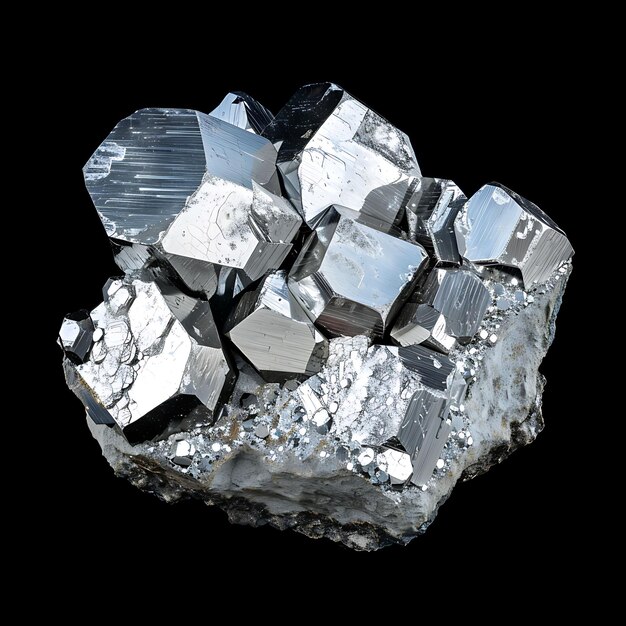 Photo minerai de thulium de forme hexagonale de couleur blanche argentée et de matière métallique isolée sur bg noir