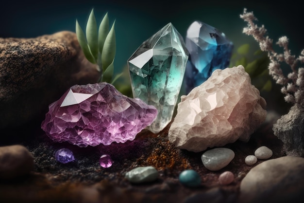 Minéraux cristallins de pierres précieuses sur fond de nature mystérieuse Génération d'IA