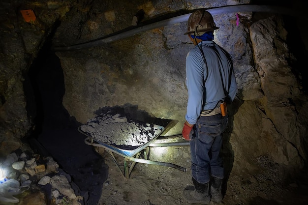 Un mineur dans un casque de protection avec une lampe de poche et un point dans la mine de Potosi en Bolivie