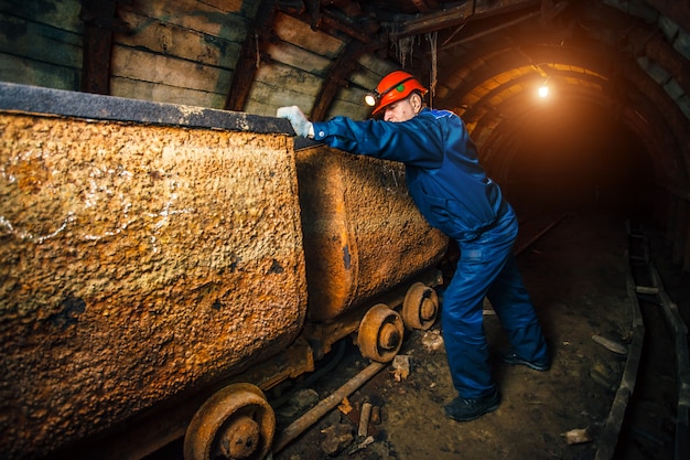 Un mineur dans une mine de charbon se trouve près d'un chariot.