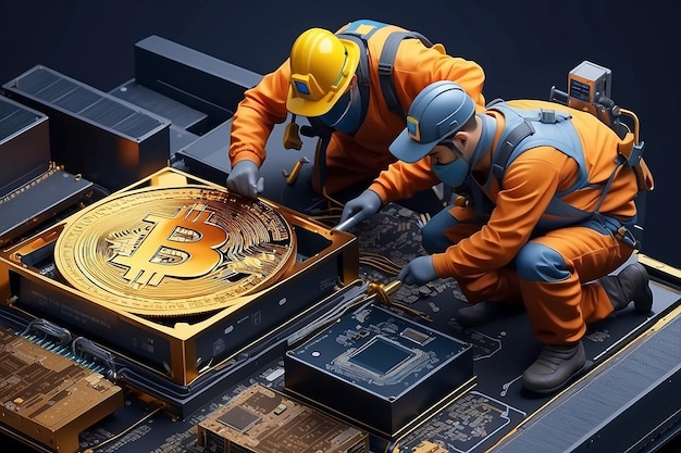 Le mineur isométrique creuse sur le bitcoin doré Les dispositifs et la technologie pour l'extraction de la crypto-monnaie