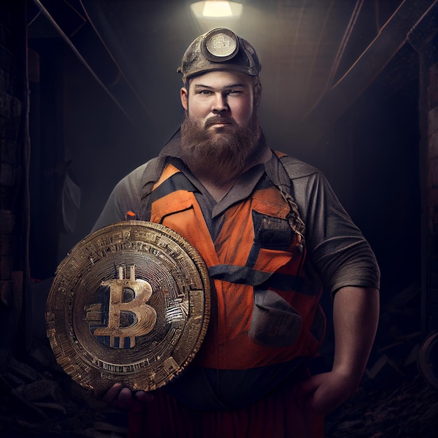 Mineur minier bitcoin ou portrait de mineur avec des cryptos d'extraction de pièces de monnaie bitcoin