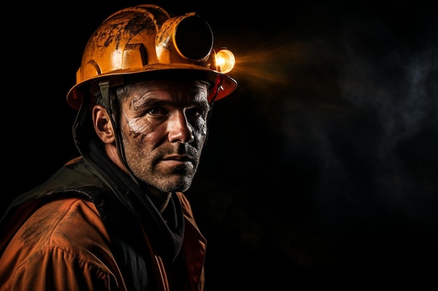 Mineur portant un casque et une lampe frontale tout en travaillant sous terre dans un environnement sombre et dangereux