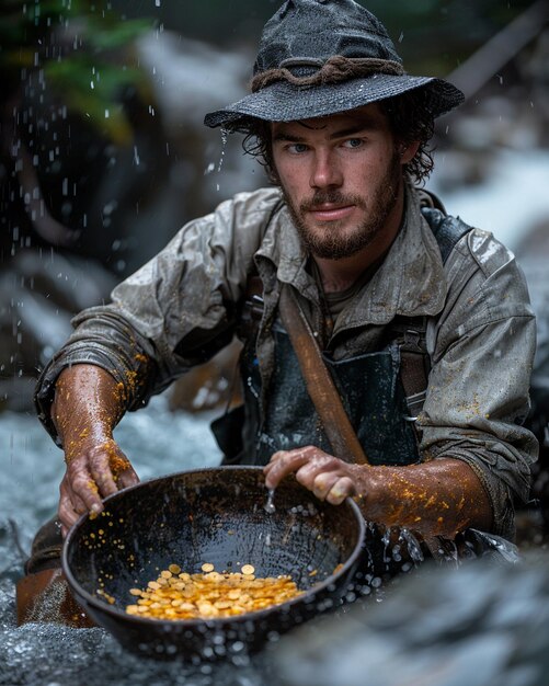 Photo un mineur à la recherche de papier peint pour la rivière de l'or