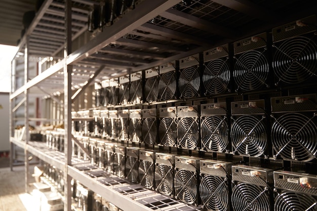 Mineurs Bitcoin ASIC dans l'entrepôt Équipement minier ASIC sur des supports pour l'extraction de crypto-monnaie dans un conteneur en acier Technologie Blockchain stockage d'unités de circuits intégrés spécifiques à l'application