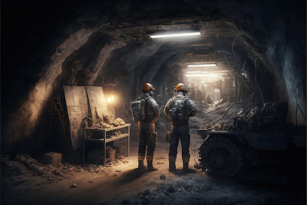 Mineurs travaillant au plus profond d'une mine de charbon Generative Ai